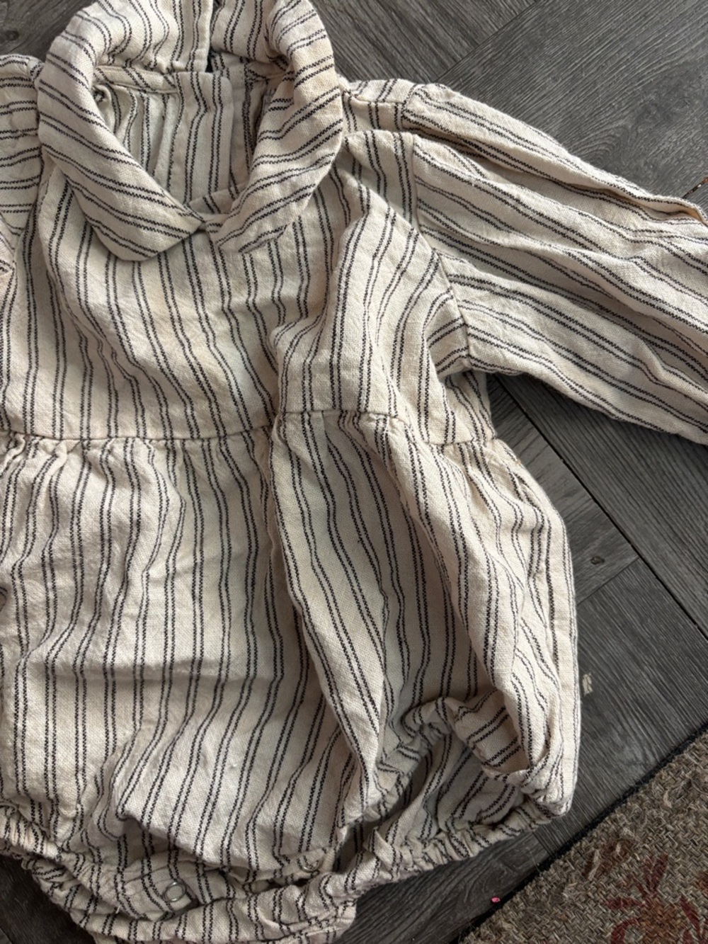 ❤️… Rylee and Cru Cora Striped Cream and Black Long Sleeve Baby Romper